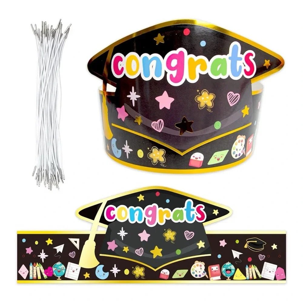 Graduation Paper Hats Preschool Kindergarten Adjustable 28 Pcs Black Gold NEW!